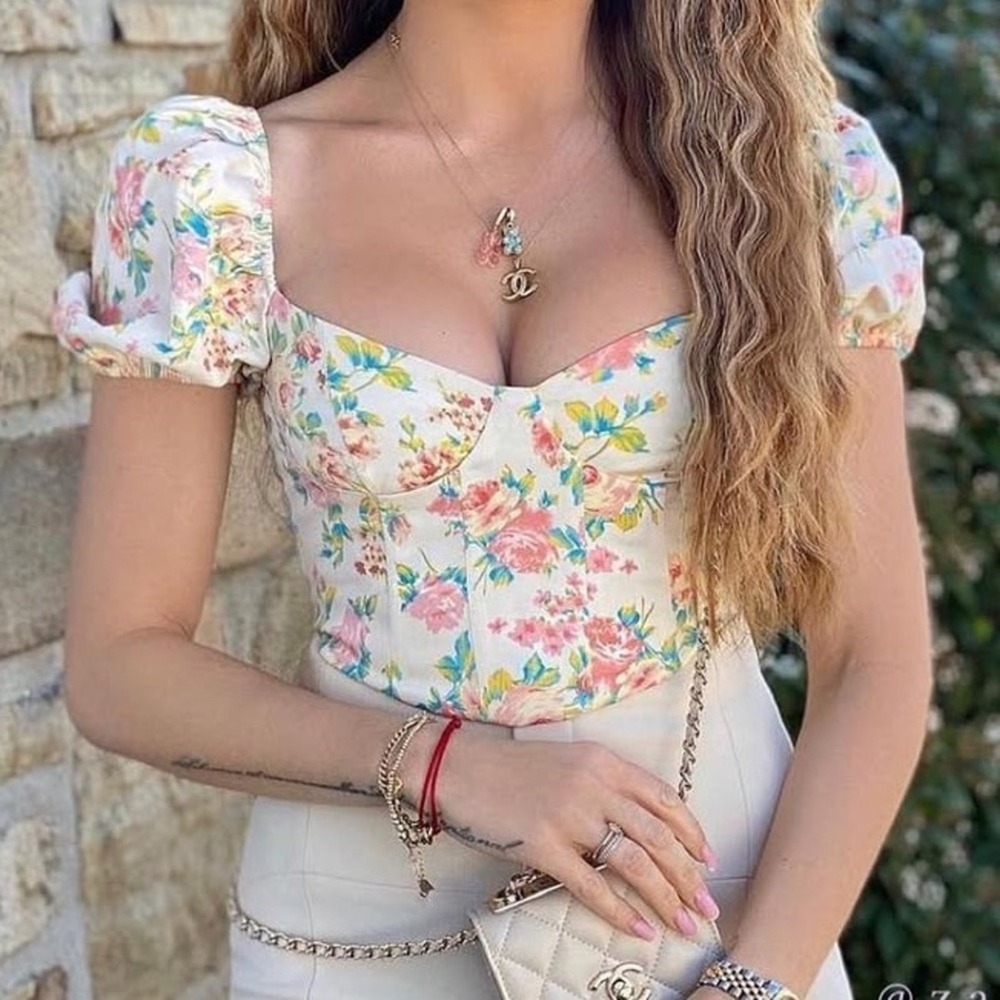 Zara Blouse Womens S White Floral Cropped Puff Sleeve Cottagecore Milkmaid